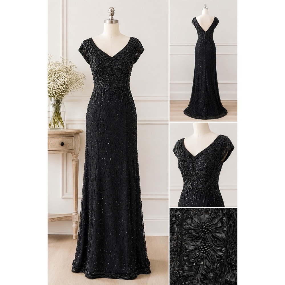 Ted Lapidus Silk Evening Gown Women 10 Black Beaded Floral Embroidery